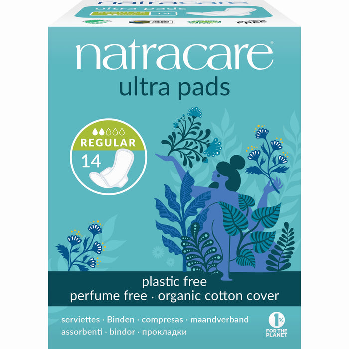 The Natracare Ultra Pads Regular with Wings packaging features floral designs and highlights its plastic-free, perfume-free nature. It has a 100% organic cotton cover, includes 14 pads, and displays the 1% for the Planet logo.