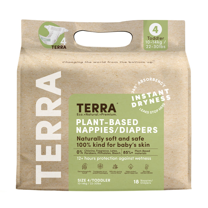 A package of Terra plant-based nappies/diapers, size 4 for toddlers (10-14kg/22-30lbs), containing 18 nappies. The eco-friendly packaging highlights instant dryness and 12+ hours of protection.