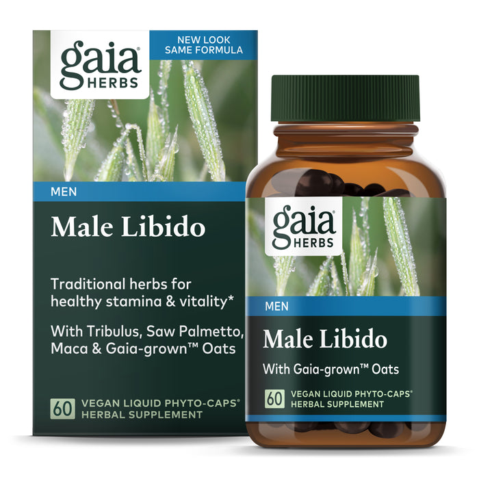 Gaia Herbs Male Libido supplement box and bottle. The packaging features green oats and text highlighting traditional herbs for stamina and vitality, including Tribulus, Saw Palmetto, Maca, and Gaia-grown oats.