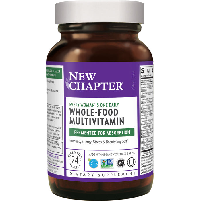 A brown bottle of New Chapter Every Womans One Daily Whole-Food Multivitamin, featuring a white label with purple and green accents and details about the product’s benefits and certifications.