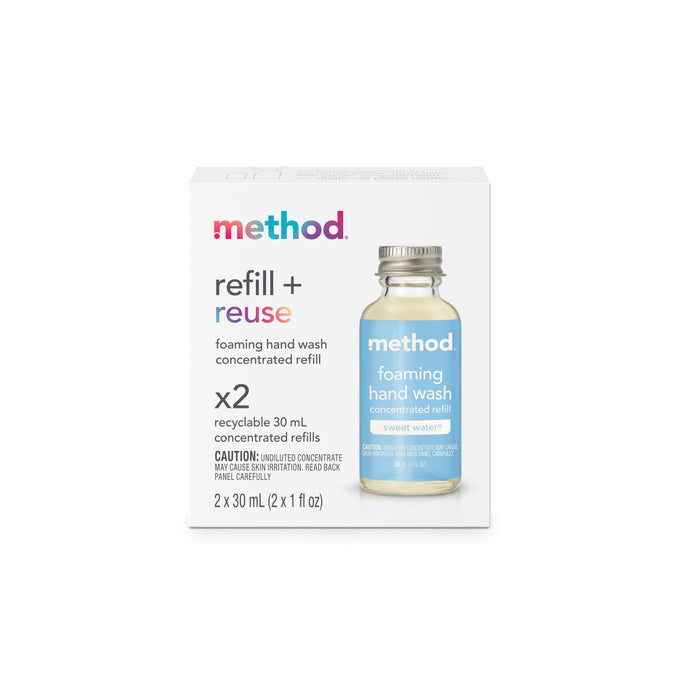 A box of Method refill + reuse foaming hand wash concentrated refills in sweet water scent. The box contains 2 recyclable 30 mL vials and features white packaging with colorful branding.