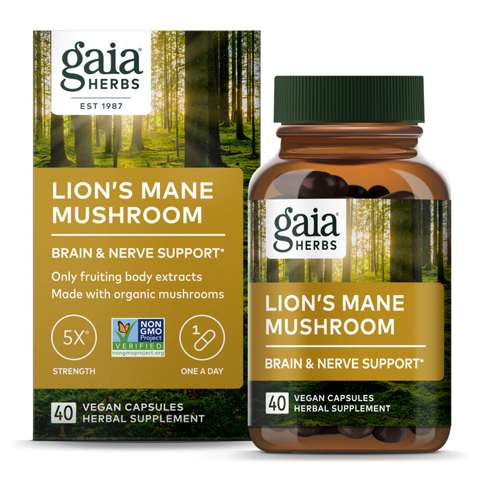 A Gaia Herbs Lion’s Mane Mushroom supplement box and bottle, showing forest imagery. The label highlights brain and nerve support, vegan capsules, non-GMO, 40 capsules per bottle, and key benefits.