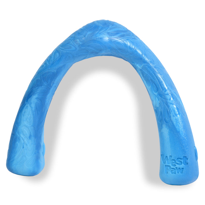 A flexible, blue, arch-shaped dog toy with a textured surface and the words West Paw embossed on one end.