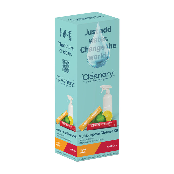 A turquoise box labeled Cleanery Multipurpose Cleaner Kit with images of lemons, limes, cleaner sachets, and a reusable bottle. Text reads, Just add water. Change the world. and highlights a lemon & lime scent.