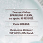 Text on a soapy dish background reads: Mrs. Meyer's Dish Soap leaves dishes sparkling clean with no spots or residues, cuts grease with natural degreaser power, and removes 48-hour stuck-on food for a fresh clean every wash.