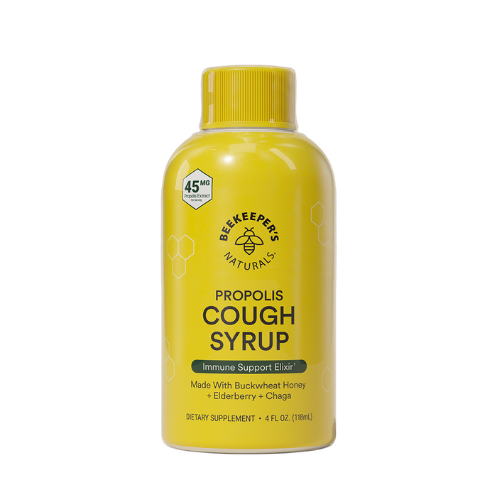 A yellow bottle of Beekeepers Naturals Propolis Cough Syrup with a yellow cap. The label highlights immune support, buckwheat honey, elderberry, chaga, and a 4 fl oz (118 mL) size.