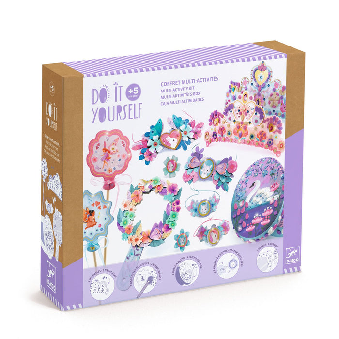A colorful craft kit box labeled Do It Yourself for ages 5+, showing various floral and swan-themed crown and wand decorations. The packaging displays images of finished craft projects and includes multi-language instructions.