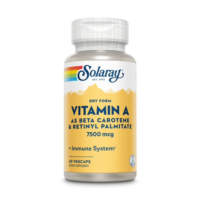 A bottle of Solaray Vitamin A dietary supplement, dry form, with 7500 mcg per serving. The label is yellow and white with a rainbow logo, stating it supports the immune system and contains 60 vegcaps.