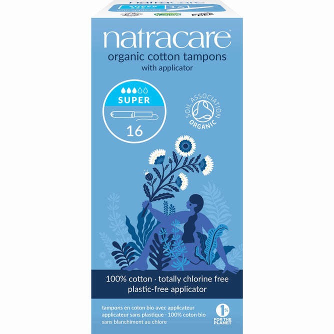 A box of Natracare organic cotton tampons with applicator, labeled Super 16. The blue packaging features floral graphics, a silhouette of a woman, and text highlighting that the product is 100% cotton and plastic-free.