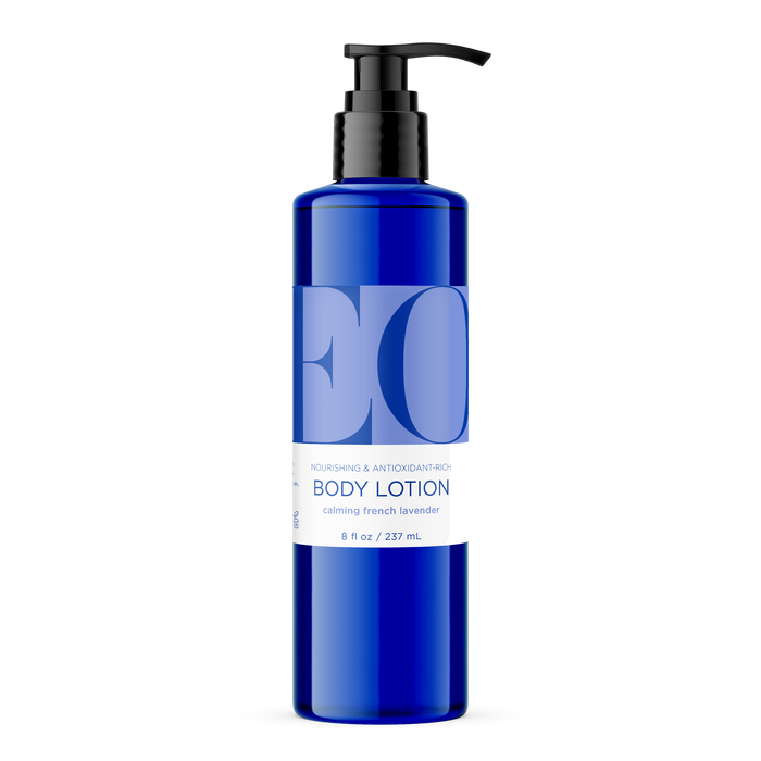 A blue pump bottle of EO Body Lotion, calming French lavender scent, with a white label displaying product details; bottle size is 8 fl oz (237 mL) and the design is clean and modern.