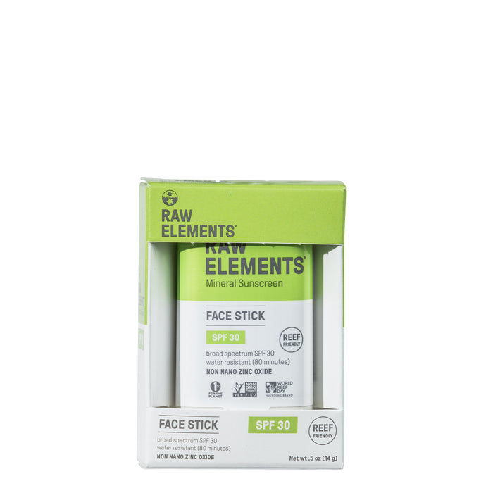 A green and white box of Raw Elements Mineral Sunscreen Face Stick SPF 30, labeled as reef friendly, water resistant, with non-nano zinc oxide. The package contains 0.5 oz (14 g) net weight.