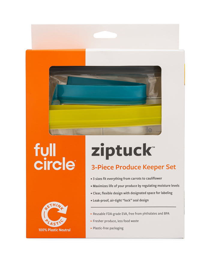 A box of Full Circle Ziptuck 3-Piece Produce Keeper Set featuring three colorful reusable storage bags in blue, yellow, and green, with product details and eco-friendly features listed on the packaging.