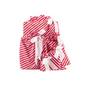 Three gift bags with red and white diagonal stripes and white ribbon ties are stacked together against a white background.