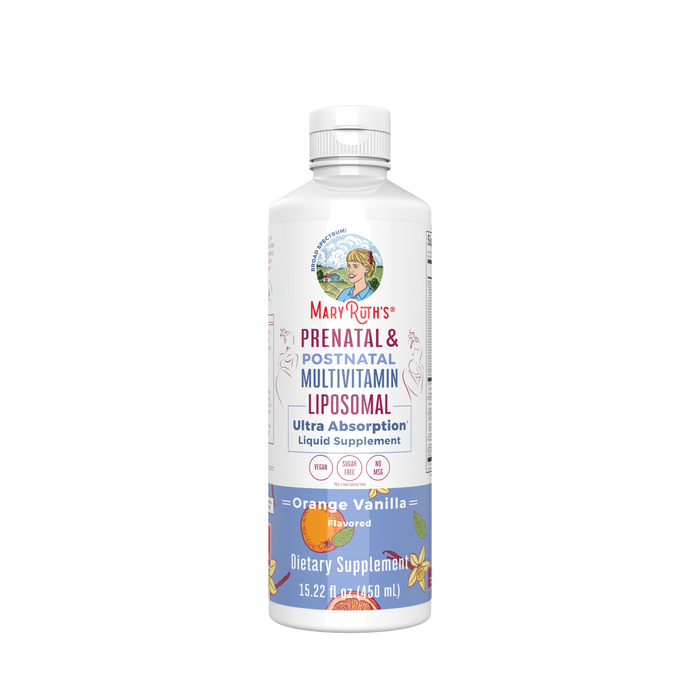 A white bottle of MaryRuths Prenatal & Postnatal Multivitamin Liposomal, orange vanilla flavored liquid supplement, with colorful text and illustrations of oranges and vanilla flowers on the label.