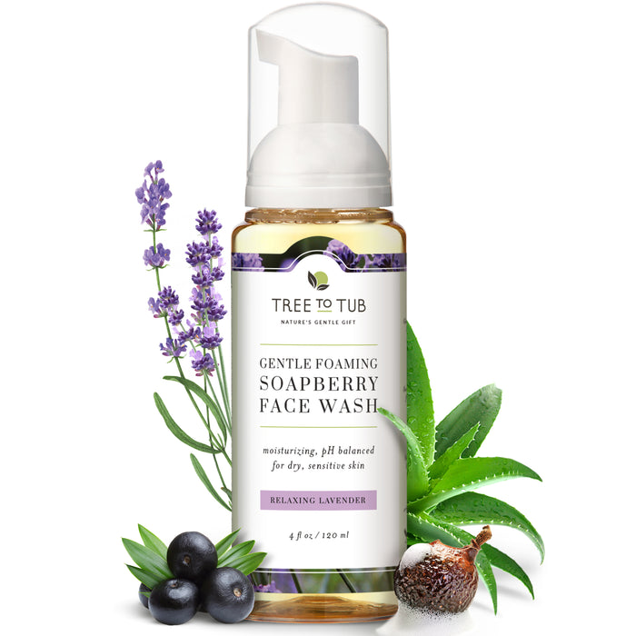 A bottle of Tree to Tub Gentle Foaming Soapberry Face Wash with relaxing lavender, surrounded by illustrations of lavender, aloe vera, soapberries, and figs. The label highlights moisturizing, pH balanced for dry, sensitive skin.