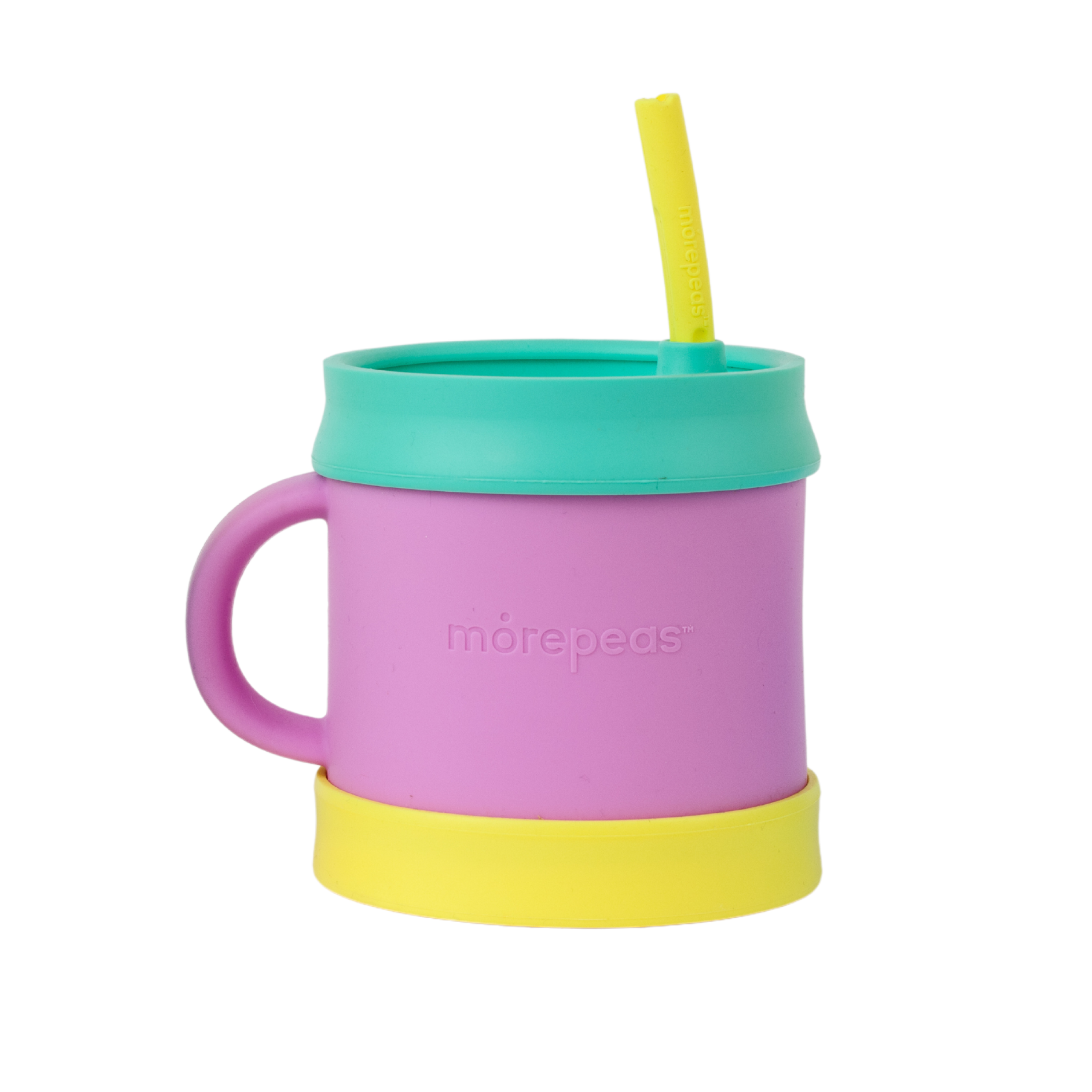 The Everything Sippy by morepeas features a purple body, yellow base, green lid, and yellow straw to brighten any mealtime. Its eco-friendly design includes morepeas embossed on the cup, and the single handle offers an easy grip for little hands.