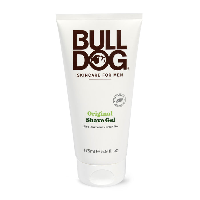 A white tube of Bulldog Skincare for Men Original Shave Gel, featuring bold brown and green text, and labeled with ingredients: aloe, camelina, and green tea. The tube contains 175ml (5.9 fl. oz.).