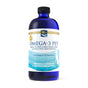 A blue bottle of Nordic Naturals Omega-3 Pet supplement is ideal for large to very large breed dogs and multi-dog homes. It features a gold-sealed label with a dog silhouette, showcasing its 10 fl oz of sustainably sourced omega-3s.