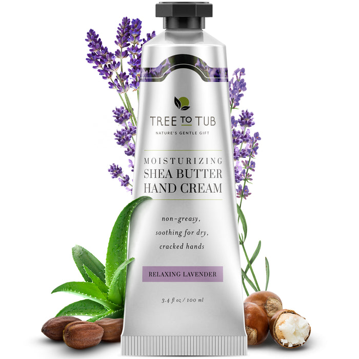A tube of Tree to Tub Moisturizing Shea Butter Hand Cream (Relaxing Lavender) is shown with lavender flowers, aloe vera leaves, and shea nuts around it. The packaging highlights its soothing, non-greasy formula for dry hands.