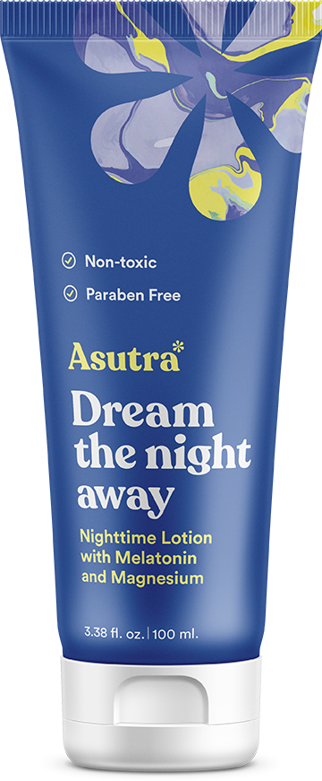 A tube of Asutra Dream the Night Away nighttime lotion with melatonin and magnesium, labeled non-toxic and paraben free. The tube is blue with abstract yellow and purple flower designs. Size: 3.38 fl. oz. (100 mL).