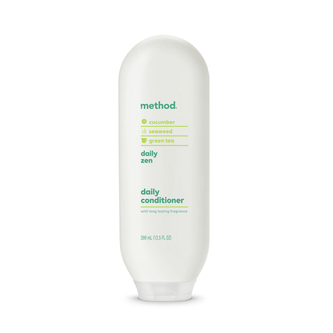 A white bottle of method Daily Zen Conditioner (399 mL/13.5 fl oz) with cucumber, seaweed, and green tea, featuring green text and a flip-top cap. Part of the Shampoo, Conditioner & Body Wash Starter Set – perfect for daily care.