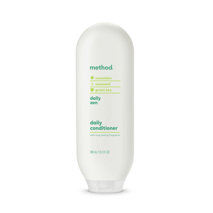 A white bottle of method Daily Zen Conditioner (399 mL/13.5 fl oz) with cucumber, seaweed, and green tea, featuring green text and a flip-top cap. Part of the Shampoo, Conditioner & Body Wash Starter Set – perfect for daily care.