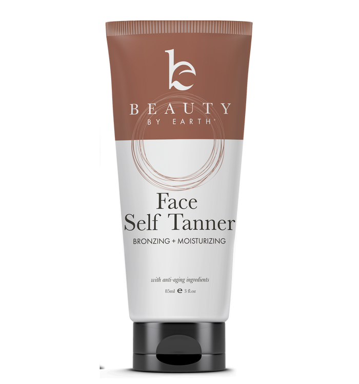 A tube of Beauty by Earth Face Self Tanner, labeled as bronzing and moisturizing with anti-aging ingredients, 3.5 fl oz, featuring a brown and white design with the brand logo at the top.