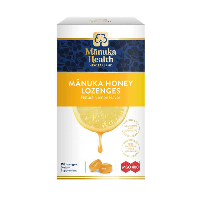 Box of Manuka Health Manuka Honey Lozenges, Natural Lemon Flavor. The packaging features a lemon slice with honey dripping, lozenges, and product details, including “MGO 400+” and “100% natural with vitamin C.”.