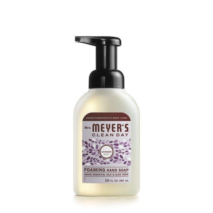 A bottle of Mrs. Meyer’s Clean Day Foaming Hand Soap with lavender scent, featuring a black pump dispenser and a label with purple leaf designs. The bottle contains 10 fl oz (296 mL) of soap.