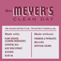 A pink label on Mrs. Meyers Dish Soap highlights plant-derived cleaners, essential oils, aloe vera, and glycerin in a biodegradable formula free of parabens, phthalates, MEA, DEA, and artificial colors.