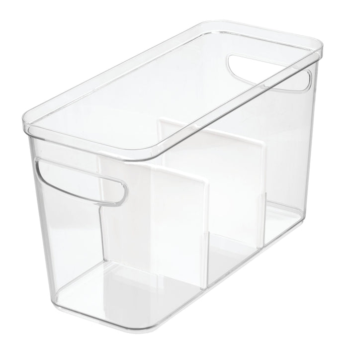 A clear plastic storage bin with two built-in handles and two interior dividers, creating three compartments. The bin has a rectangular shape with rounded corners.