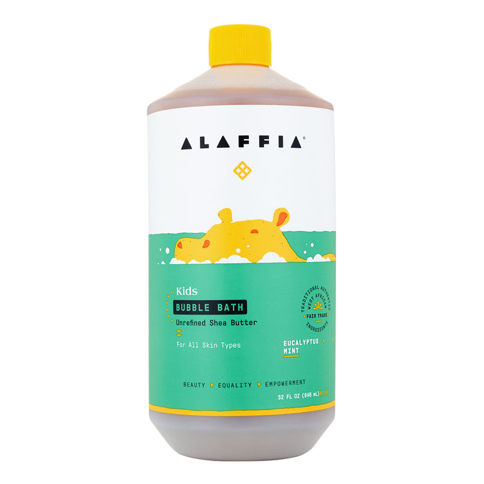 A bottle of Alaffia Kids Bubble Bath, Unrefined Shea Butter, Eucalyptus Mint scent. The label features an illustrated yellow hippopotamus in a bubble bath, with a white background and green accents.