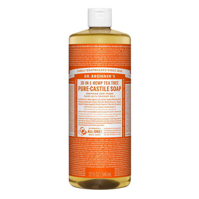 The 32 fl oz (946 ml) Dr. Bronners Pure-Castile Liquid Soap comes with a vibrant orange label and features hemp tea tree oil. This versatile vegan soap, with white text highlighting its natural ingredients and benefits, suits various castile soap uses.