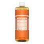 The 32 fl oz (946 ml) Dr. Bronners Pure-Castile Liquid Soap comes with a vibrant orange label and features hemp tea tree oil. This versatile vegan soap, with white text highlighting its natural ingredients and benefits, suits various castile soap uses.