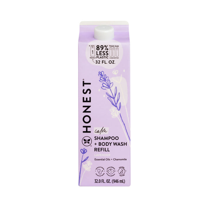 A lavender and white carton of Honest Calm Shampoo + Body Wash Refill, featuring lavender illustrations, eco-friendly messaging, and product details for a 32 oz container with essential oils and chamomile.