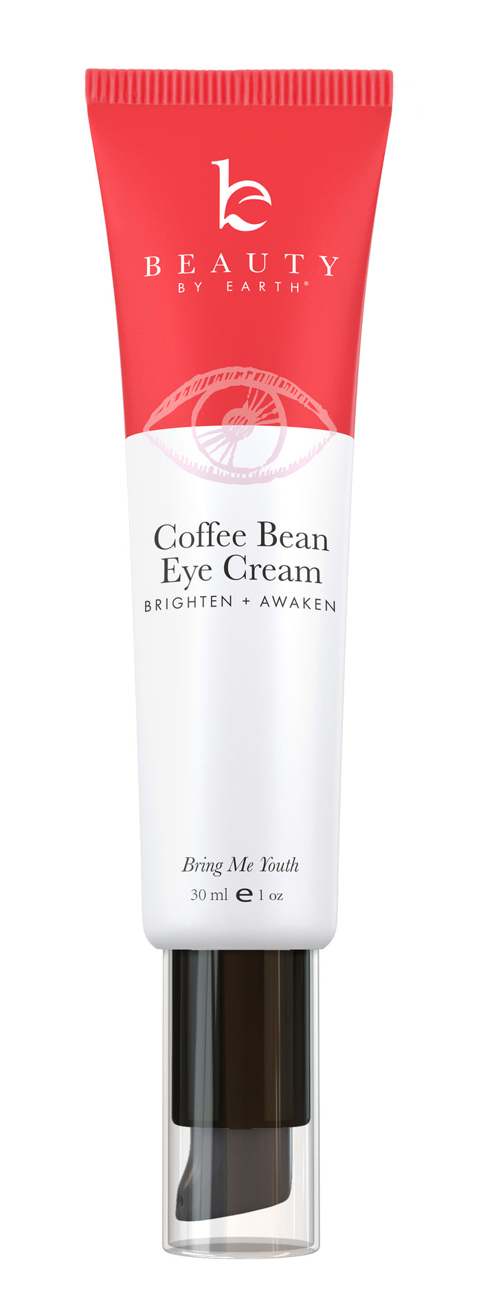 A tube of Beauty by Earth Coffee Bean Eye Cream with a red and white design, labeled “Brighten + Awaken,” containing 30 ml (1 oz) with a pump dispenser at the bottom.