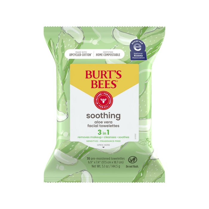 A package of Burt’s Bees Soothing Aloe Vera Facial Towelettes, 3-in-1, featuring green aloe illustrations. The pack includes 30 pre-moistened, compostable wipes for makeup removal, cleansing, and soothing.
