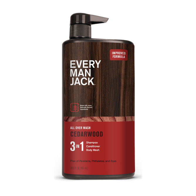 The Every Man Jack 3-in-1 All Over Wash in Cedarwood, featuring a wood-textured design with a red label, combines shampoo, conditioner, and body wash. Its enriched with coconut-derived surfactants and is free from parabens, phthalates, and dyes.