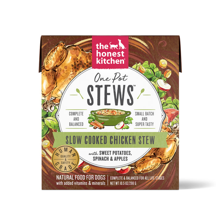 A box of The Honest Kitchen One Pot Stews Slow Cooked Chicken Stew for dogs, featuring images of chicken, sweet potatoes, spinach, and apples. The packaging highlights natural ingredients and nutritional benefits.