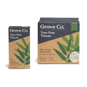 Two packs of Grove Co. Tree-Free Tissue Travel Packs, made from 100% bamboo, are shown in brown packaging with green leaf graphics. The smaller pack holds 12 tissues, while the larger prioritizes eco-friendliness with no added dyes or scents.