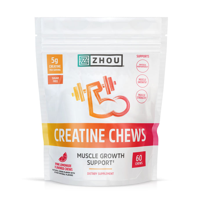 A bag of Zhou Creatine Chews in pink lemonade flavor, labeled as sugar-free with 5g creatine per serving. The package highlights muscle growth support and contains 60 chews. The design features an arm lifting a dumbbell.