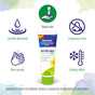 A tube of Arnicare Gel is centered with icons and text highlighting its features: value size, quickly absorbed, fragrance-free, non-greasy, and a cooling effect. The background is light with colored graphic accents.