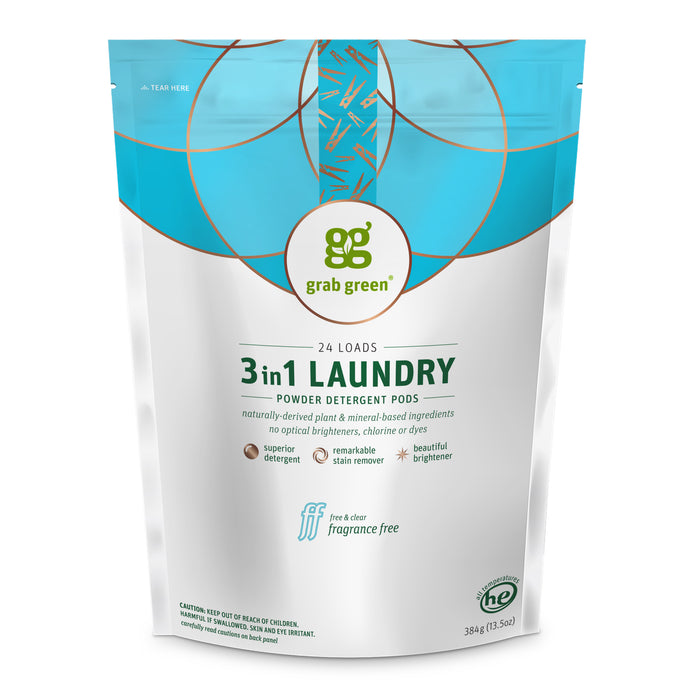 A 384g (13.5oz) pack of grab green 3 in 1 Laundry Detergent Pods with brightening and stain removal, suitable for 24 loads. The white packaging with green accents is fragrance-free.