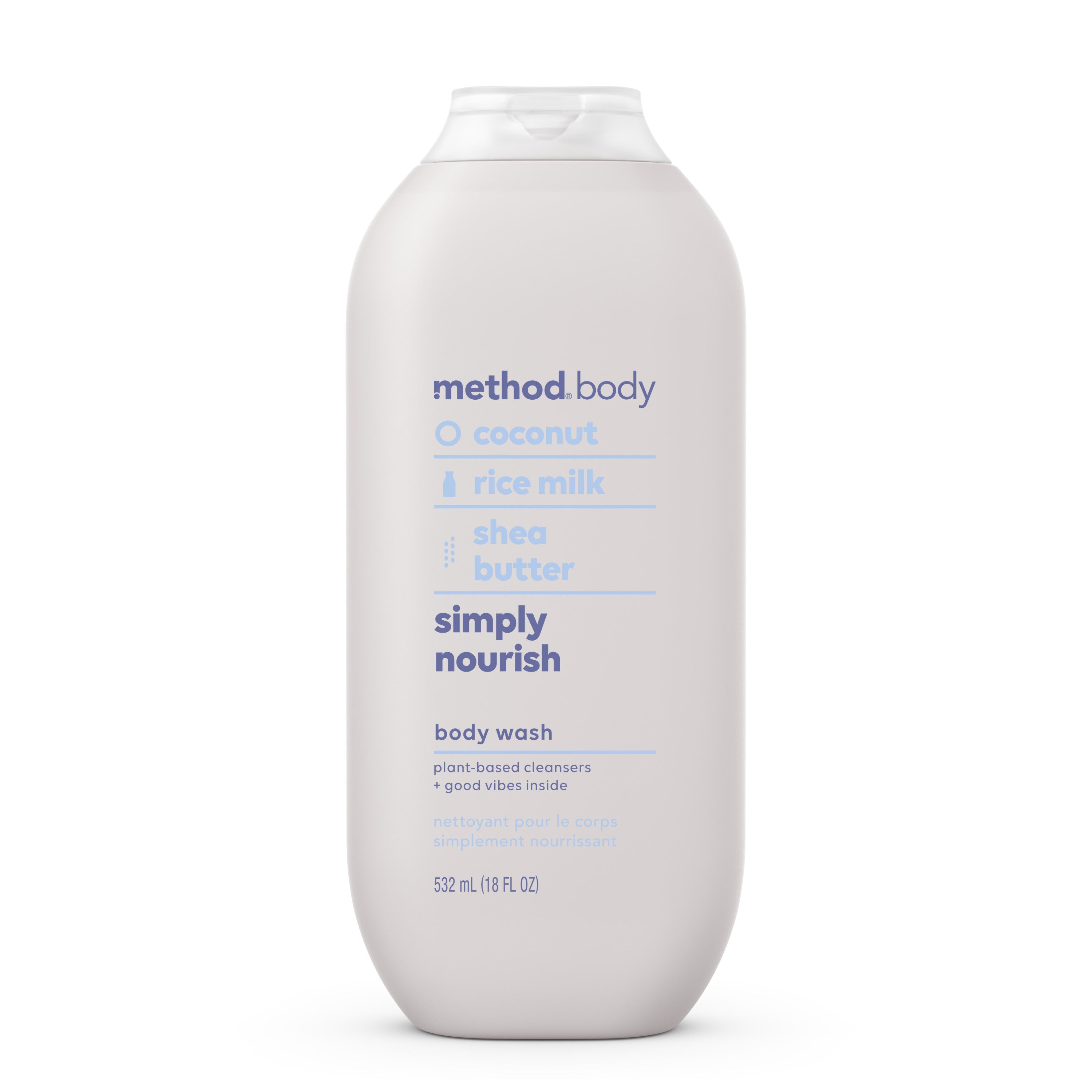 A white bottle of Method Body body wash labeled Simply Nourish with coconut, rice milk, and shea butter. The bottle has blue text and a flip-top cap. Size is 532 mL (18 fl oz).