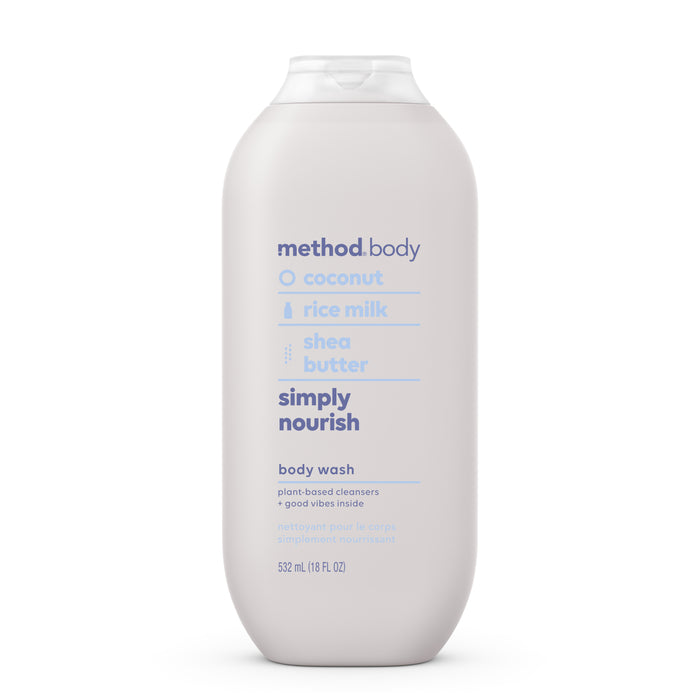 A white bottle of Method Body body wash labeled Simply Nourish with coconut, rice milk, and shea butter. The bottle has blue text and a flip-top cap. Size is 532 mL (18 fl oz).