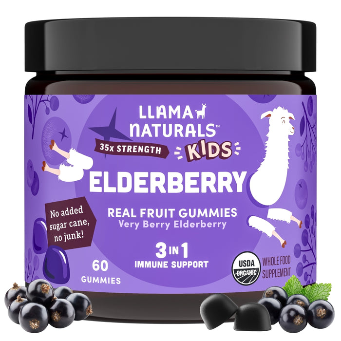 A jar of Llama Naturals Kids Elderberry Gummies with a purple label featuring llamas, berries, and text highlighting 35x strength, 3 in 1 immune support, and USDA organic. Black elderberries and gummies are shown in front.