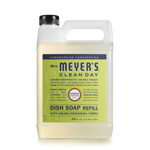 A 48 fl oz bottle of Mrs. Meyers Dish Soap Refill in Lemon Verbena scent features a green and yellow label emphasizing its aromatherapeutic, grease-cutting, biodegradable formula made with cruelty-free natural cleaning agents.