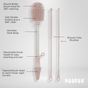 A set of pink cleaning brushes, including a round bottle brush with soft bristles and a detachable head, a tapered brush, and two long silicone tube brushes, all labeled with their features. haakaa logo at the bottom right.