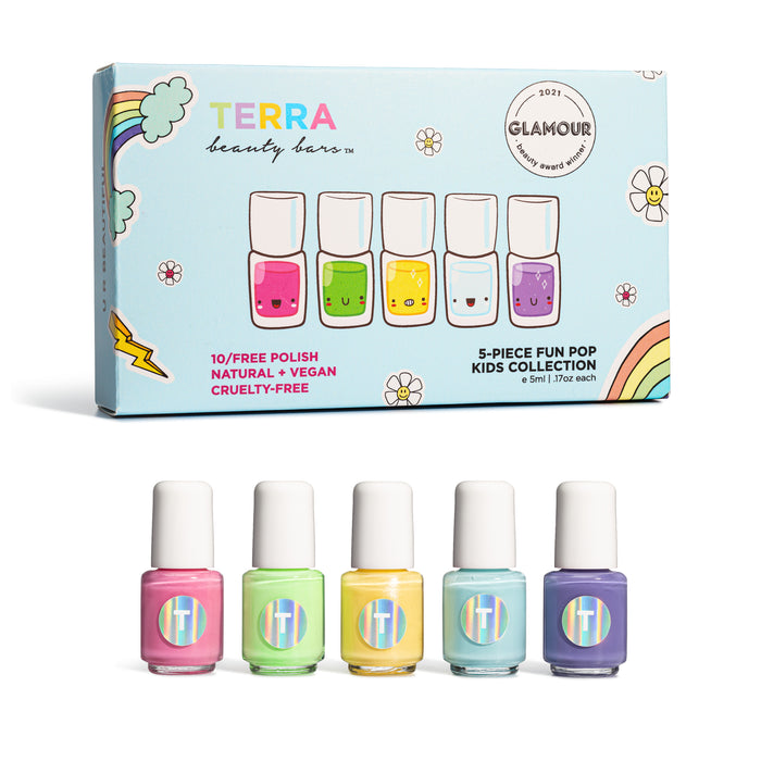 A box labeled Terra Beauty Bars 5-Piece Fun Pop Kids Collection with cute nail polish illustrations, next to five colorful nail polish bottles in pink, green, yellow, blue, and purple shades.