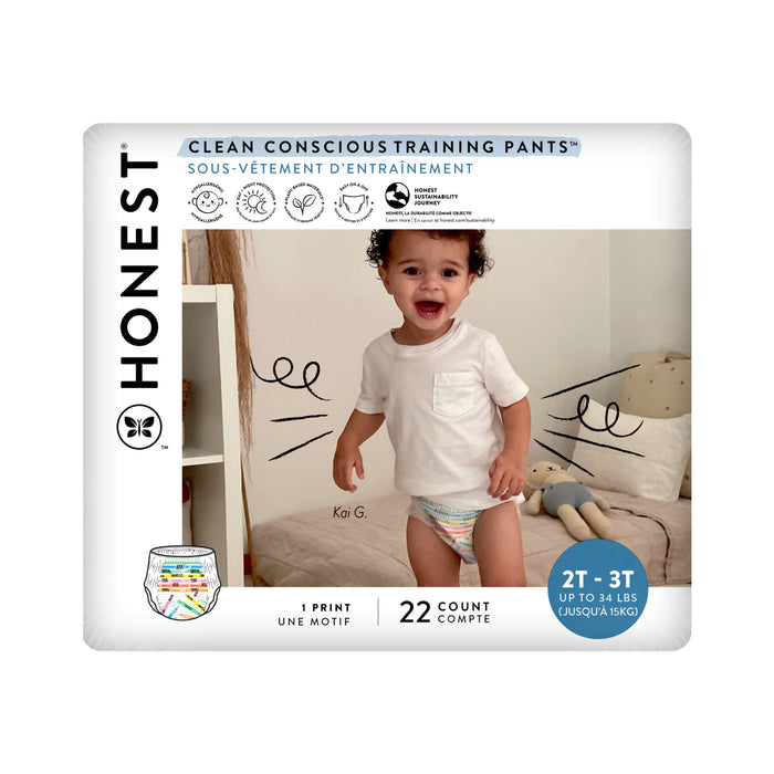 A package of Honest brand Clean Conscious Training Pants featuring a smiling toddler wearing training pants and a white shirt. The pack contains 22 pants for ages 2T–3T, up to 34 lbs, and shows a playful bedroom background.